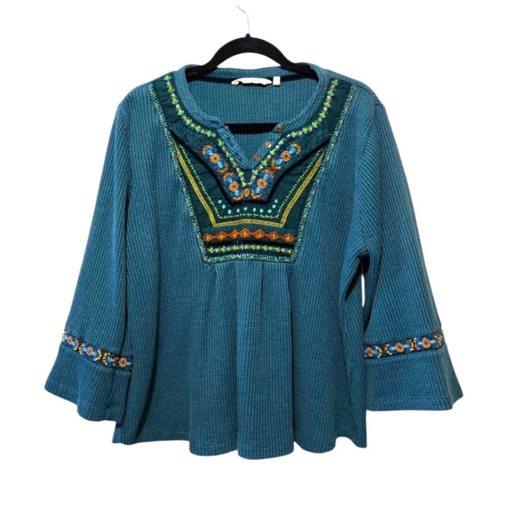 Soft Surroundings Gabriel Waffle Knit Embroidered Beaded Flared Sleeve Boho Top